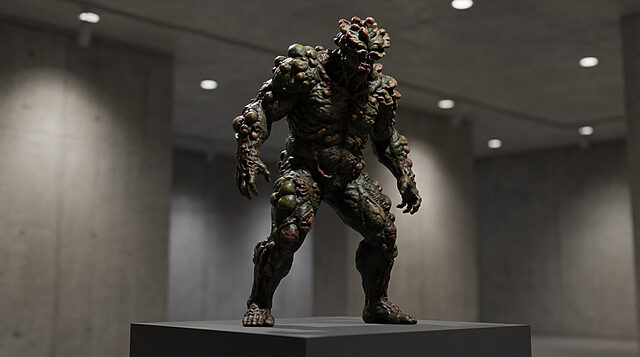 Statue Bloater The Last of Us : Édition Limitée Statue très détaillée d'un Bloater de The Last of Us, monstre humanoïde couvert de pustules, posée sur un socle dans une galerie.