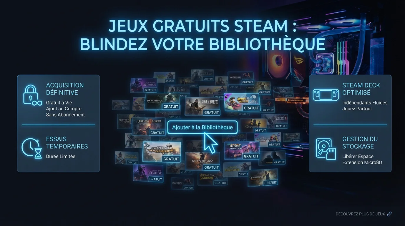Illustration futuriste d'une console Steam Deck et de jeux gratuits sur PC