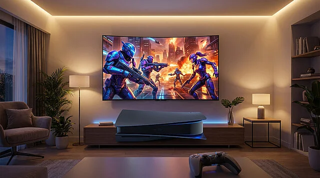 Soirée gaming immersive dans un salon moderne Un salon moderne et sombre avec un grand téléviseur incurvé affichant un jeu de tir futuriste, une console PS5 et une manette.