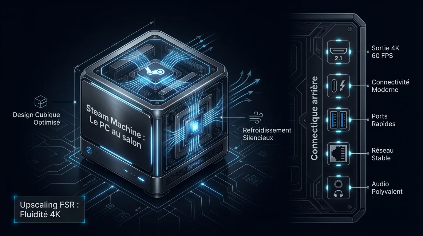La nouvelle Steam Machine compacte de Valve installée dans un salon moderne