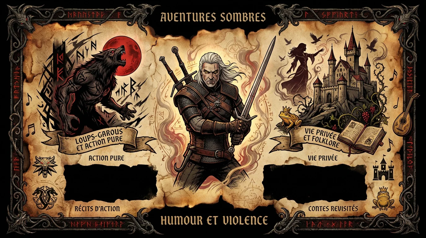Illustration sombre de l'univers dark fantasy de The Witcher avec Geralt de Riv