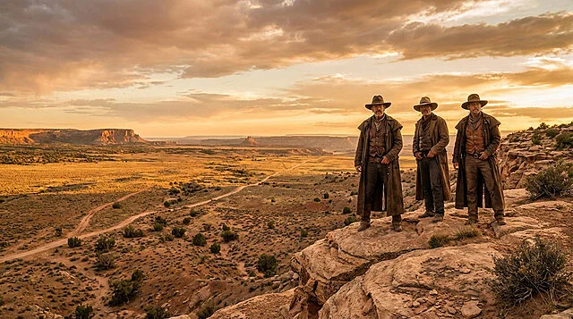 Trois cow-boys contemplent le désert au crépuscule Trois hommes habillés en cow-boys, avec chapeaux et longs manteaux, se tiennent sur un rocher, dominant un vaste paysage désertique doré au coucher du soleil avec des mesas au loin.