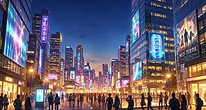 Vue d'une ville moderne la nuit avec des gratte-ciel, des écrans publicitaires lumineux géants et une foule de piétons.