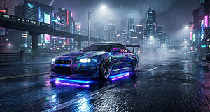 Une Nissan Skyline GT-R R34 personnalisée aux néons bleus et violets roule sur une route urbaine mouillée et pluvieuse la nuit. Des gratte-ciel lumineux se dressent en arrière-plan.