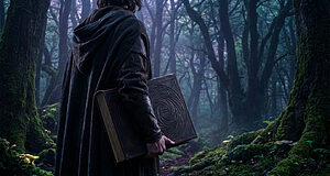 Personne encapuchonnée de dos tenant un grand livre orné du chiffre III dans une forêt sombre et moussue.