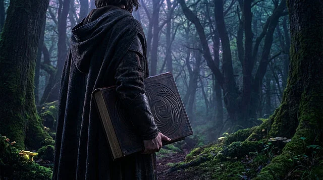 Le Sorceleur Omnibus 3 : Voyage en forêt mystique Personne encapuchonnée de dos tenant un grand livre orné du chiffre III dans une forêt sombre et moussue.