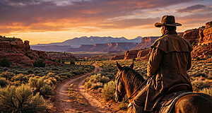 Cowboy à cheval de dos admirant un vaste paysage désertique au coucher du soleil avec montagnes rouges et ciel orangé.