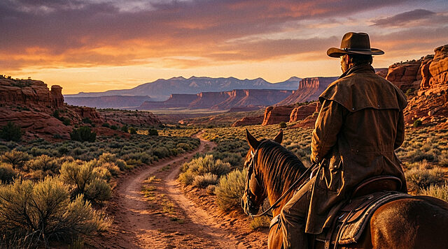 Cowboy à cheval de dos admirant un vaste paysage désertique au coucher du soleil avec montagnes rouges et ciel orangé.