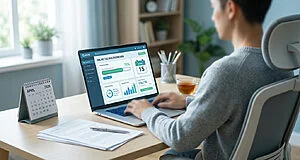 Personne déclarant les impôts 2026 en ligne sur un ordinateur portable affichant un tableau de bord, calendrier d'avril 2026 sur le bureau.