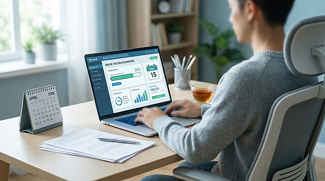 Déclaration d'impôts 2026 en ligne Personne déclarant les impôts 2026 en ligne sur un ordinateur portable affichant un tableau de bord, calendrier d'avril 2026 sur le bureau.