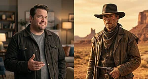 Jack Black souriant dans un intérieur moderne, juxtapose à un bandit de western au chapeau, fusil à la main, dans un désert.