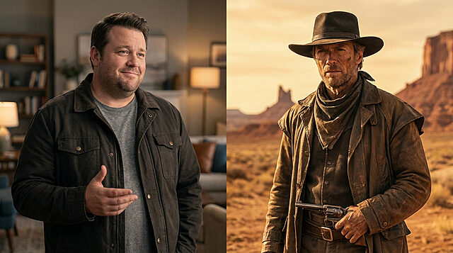 Jack Black en bandit de RDR3 : le rêve de l'acteur Jack Black souriant dans un intérieur moderne, juxtapose à un bandit de western au chapeau, fusil à la main, dans un désert.