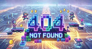 Illustration 404 Not Found style jeu vidéo rétro avec des astronautes pixelisés, des pièces et des plateformes sur un circuit numérique lumineux.
