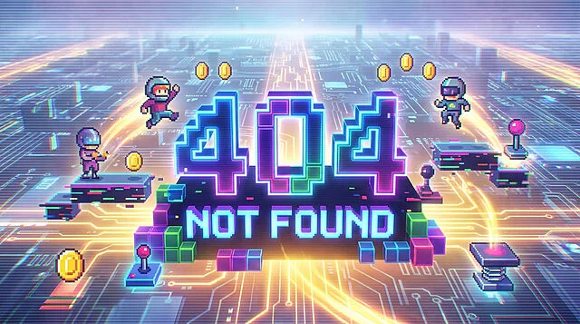 Erreur 404 Gaming: L'art de transformer un bug en bonus Illustration 404 Not Found style jeu vidéo rétro avec des astronautes pixelisés, des pièces et des plateformes sur un circuit numérique lumineux.