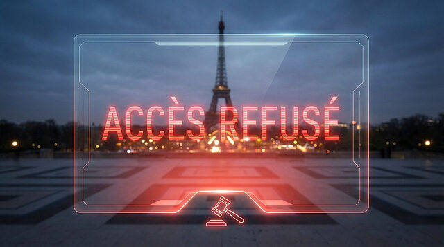 Accès Refusé: Décision de Justice en France Image numérique affichant 'ACCÈS REFUSÉ' en rouge lumineux et un marteau de juge sur fond flou de la Tour Eiffel la nuit.