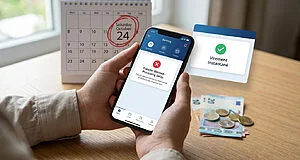 Personne tenant un smartphone affichant un virement bancaire bloqué, avec calendrier (24 oct, samedi) et euros, contrastant avec un « Virement Instantané ».
