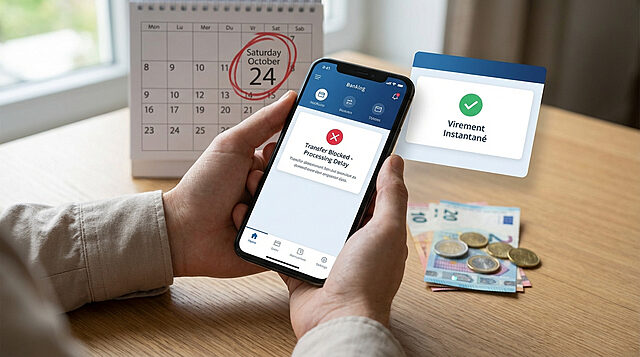 Problème de virement bancaire : fonds bloqués le week-end Personne tenant un smartphone affichant un virement bancaire bloqué, avec calendrier (24 oct, samedi) et euros, contrastant avec un « Virement Instantané ».