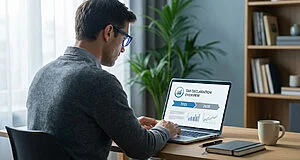 Un homme en lunettes bleues travaille sur son ordinateur portable, affichant un tableau de bord de déclaration fiscale pour 2025 et 2026.