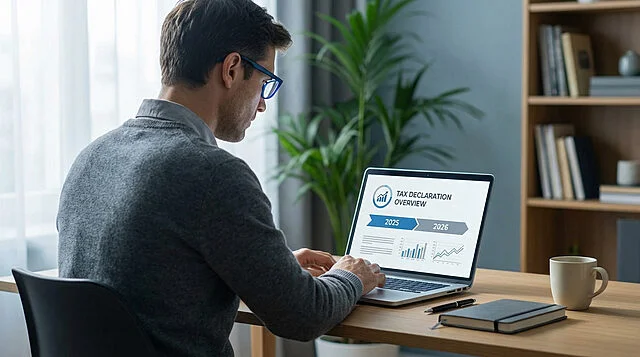 Déclaration fiscale 2025-2026 sur ordinateur Un homme en lunettes bleues travaille sur son ordinateur portable, affichant un tableau de bord de déclaration fiscale pour 2025 et 2026.
