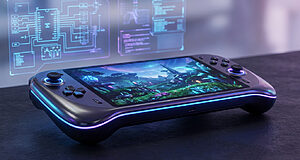 Console de jeu portable futuriste, rappelant le Steam Deck 2, affichant un jeu coloré avec des hologrammes techniques lumineux en arrière-plan.