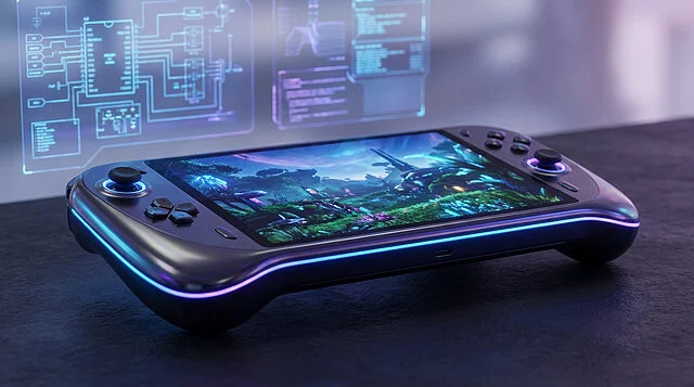 Concept futuriste du Steam Deck 2 Console de jeu portable futuriste, rappelant le Steam Deck 2, affichant un jeu coloré avec des hologrammes techniques lumineux en arrière-plan.