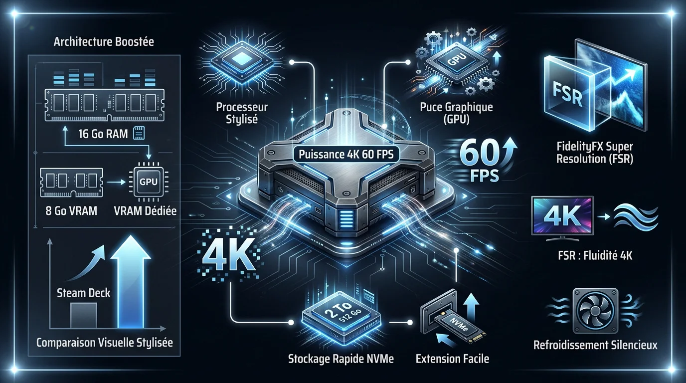 Console Steam Machine compacte affichant des performances 4K avec technologie FSR