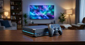 Console de jeu noire avec lumières bleues, manette assortie sur table en bois devant une TV allumée dans un salon moderne.