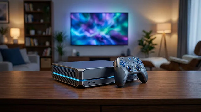 La future console Valve : Steam Machine 2026 Console de jeu noire avec lumières bleues, manette assortie sur table en bois devant une TV allumée dans un salon moderne.
