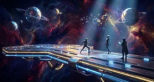 Trois figures futuristes sur une plateforme spatiale lumineuse, entourées de planètes, d'astéroïdes et de nébuleuses colorées.
