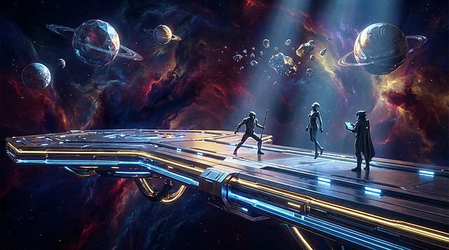 Film Smash Bros : Arène galactique 2026 Trois figures futuristes sur une plateforme spatiale lumineuse, entourées de planètes, d'astéroïdes et de nébuleuses colorées.