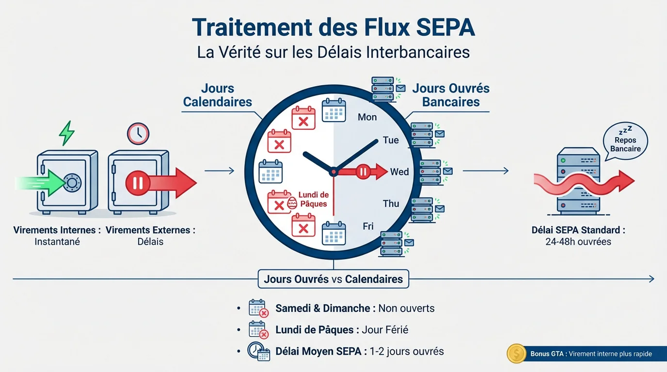 Graphique expliquant la différence entre jours ouvrés et calendaires pour les virements SEPA