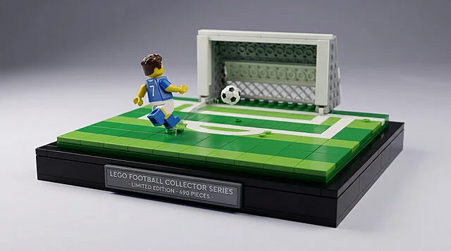 Set LEGO 43013 Kylian Mbappé : Série Collector Football Minifigure LEGO football (numéro 7) frappant un ballon vers un but sur un terrain vert, avec plaque Série Collector.