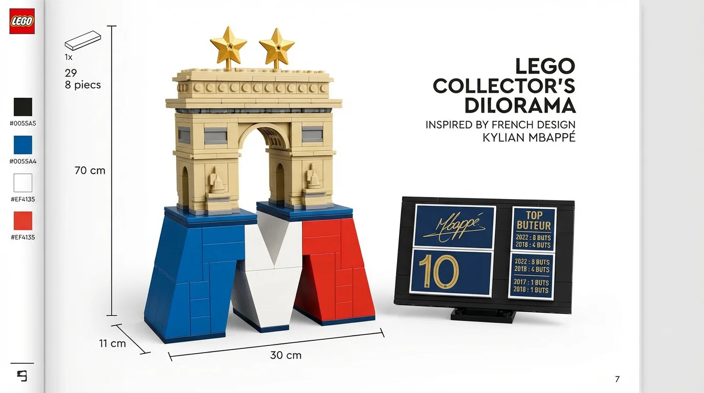 Diorama LEGO Kylian Mbappé avec l'Arc de Triomphe et socle en M