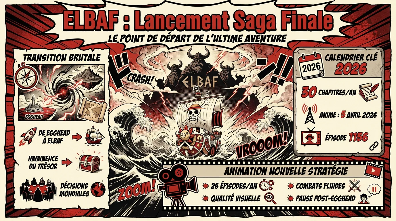 Luffy et l'équipage arrivant sur l'île d'Elbaf pour la saga finale