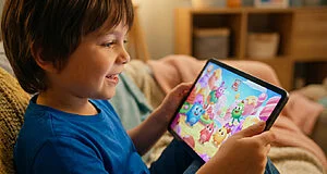 Un jeune enfant aux cheveux bruns sourit, les yeux rivés sur un jeu coloré avec des bonbons et personnages, sur une tablette.