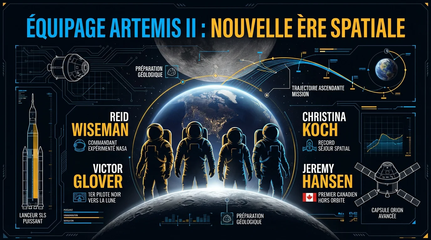 Les quatre astronautes de la mission Artemis II posant devant leur équipement spatial.