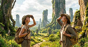 Deux exploratrices, visages salis, regardent avec émerveillement des piliers rocheux et arbres géants dans une jungle luxuriante.