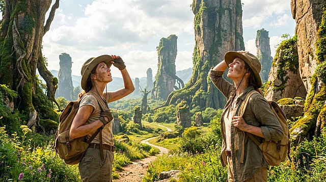 Exploratrices face à des paysages grandioses Deux exploratrices, visages salis, regardent avec émerveillement des piliers rocheux et arbres géants dans une jungle luxuriante.