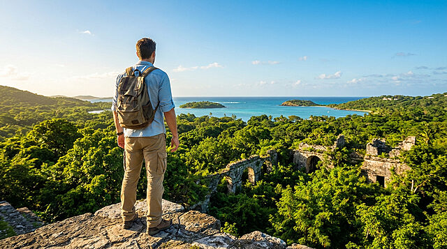 Randonneur face à une vue imprenable sur la jungle et la mer Homme avec sac à dos sur une falaise, regardant la mer turquoise, les îles, la jungle luxuriante et des ruines antiques.