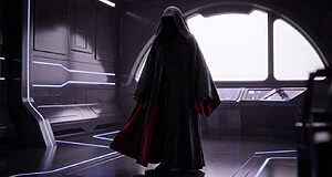Figure encapuchonnée à la cape sombre doublée de rouge, debout dans un vaisseau spatial futuriste aux lumières bleues et grande fenêtre.