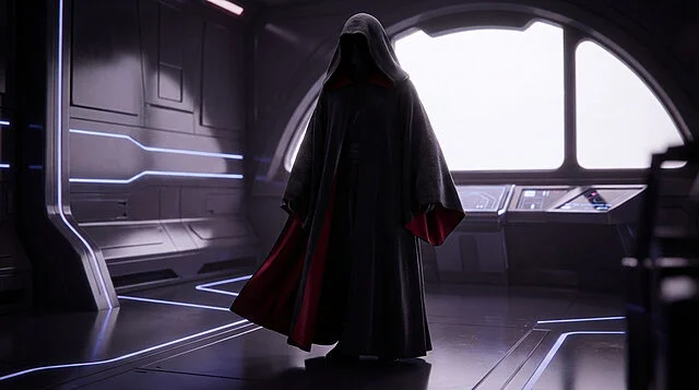 Figure encapuchonnée à la cape sombre doublée de rouge, debout dans un vaisseau spatial futuriste aux lumières bleues et grande fenêtre.