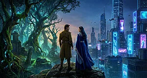Deux personnages sur un rocher, admirant une forêt magique lumineuse à gauche et une ville futuriste néon à droite.