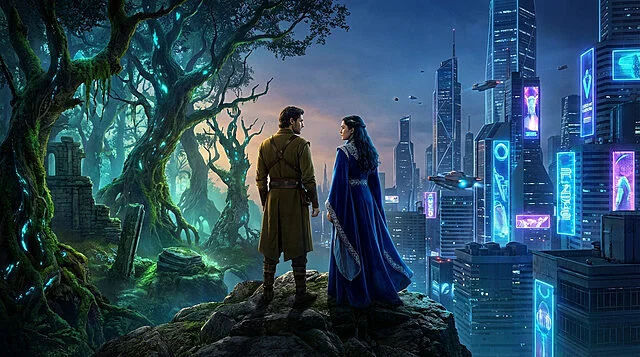 Deux personnages sur un rocher, admirant une forêt magique lumineuse à gauche et une ville futuriste néon à droite.
