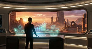 Un homme dans une station futuriste observe des données holographiques de performance devant un désert rocheux et des ruines au coucher du soleil, évoquant Crimson Desert.