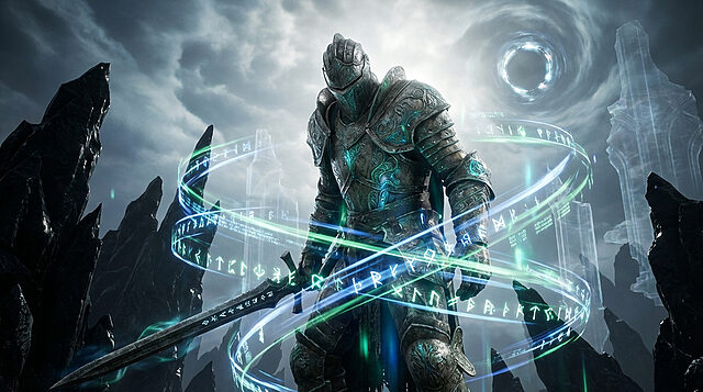Lords of the Fallen 2 : Chevalier en Armure et Magie Chevalier en armure sombre et épée massive, entouré d'anneaux runiques lumineux dans un paysage fantastique rocailleux et nuageux.