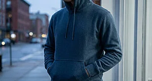 Un homme porte un sweat à capuche bleu foncé avec les mains dans la poche kangourou, debout en extérieur en environnement urbain.