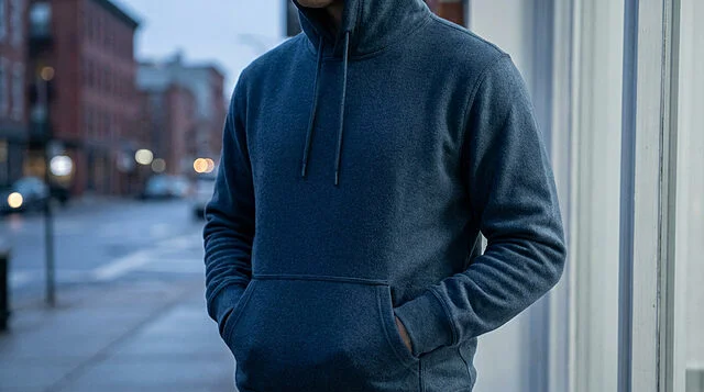 Hoodie Ellie Winter : La douceur pour l'hiver 2026 Un homme porte un sweat à capuche bleu foncé avec les mains dans la poche kangourou, debout en extérieur en environnement urbain.