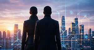 Vue de dos d'un homme et une femme en costumes observant une ville futuriste au crépuscule, avec un réseau numérique en surimpression.
