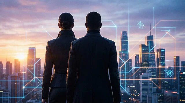 Vision Urbaine Technologique au Coucher du Soleil Vue de dos d'un homme et une femme en costumes observant une ville futuriste au crépuscule, avec un réseau numérique en surimpression.