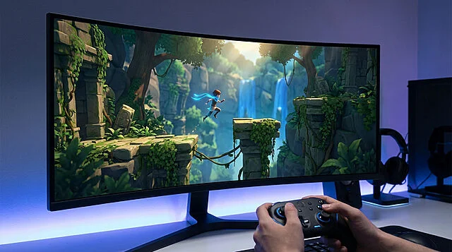 Revivez Jak & Daxter sur PC avec OpenGOAL Mains tiennent une manette jouant à un jeu vidéo d'aventure sur un grand écran PC incurvé, avec un personnage sautant dans une jungle verdoyante.